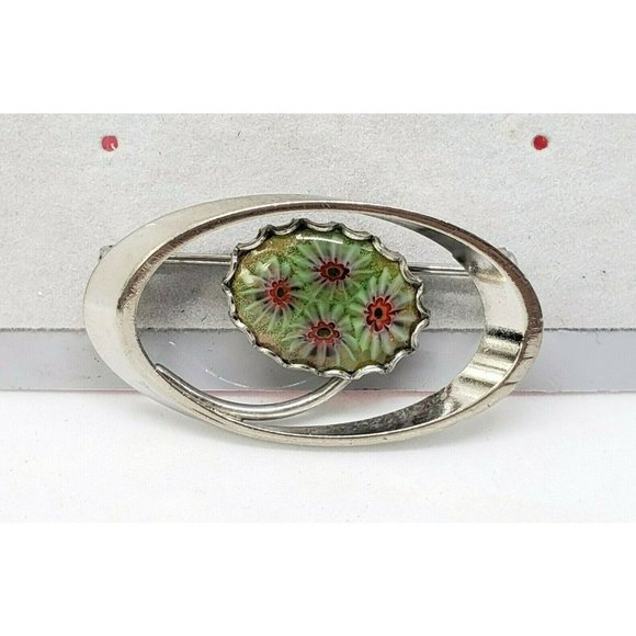 Vintage Green Murano Millefiori Venetian Glass Italian Pin Brooch Silver Tone - Picture 2 of 8